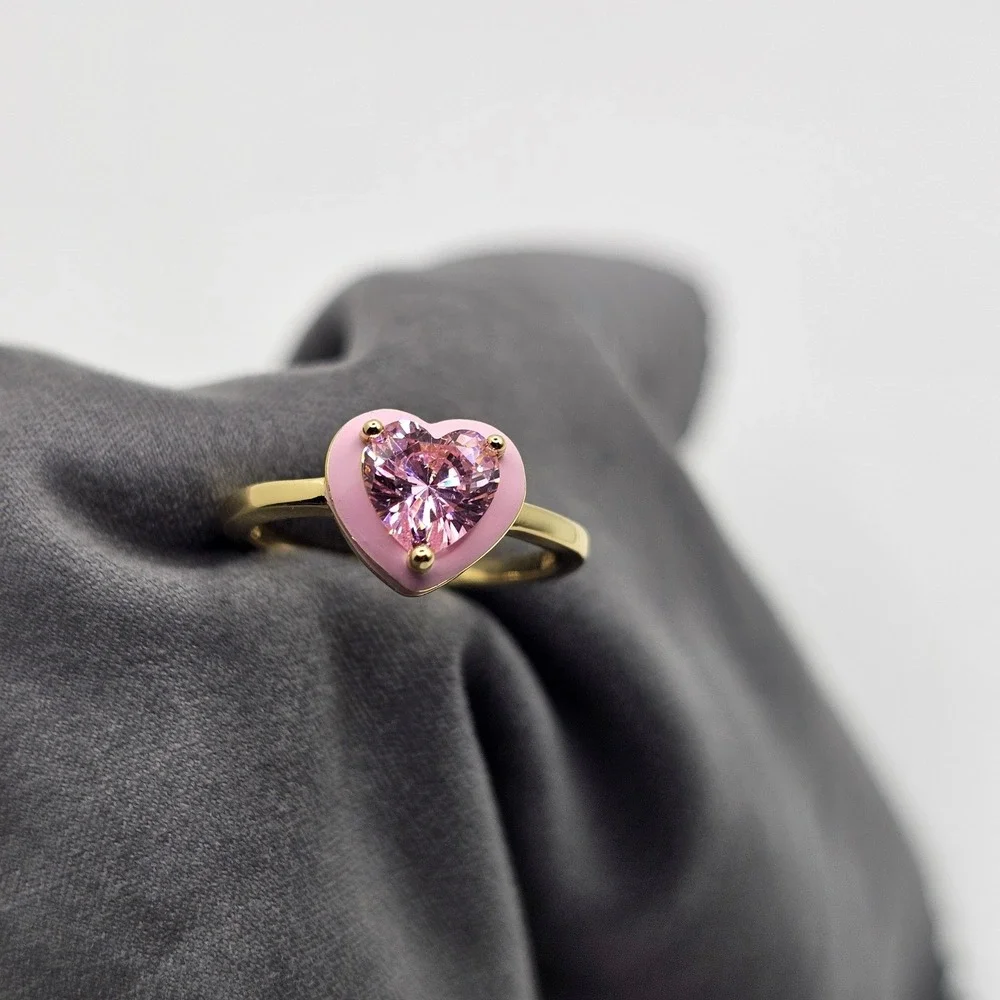 Rachel Glauber Heart Stacking Ring Women 14k Gold Plated‎ Pink CZ Enamel Gold 7